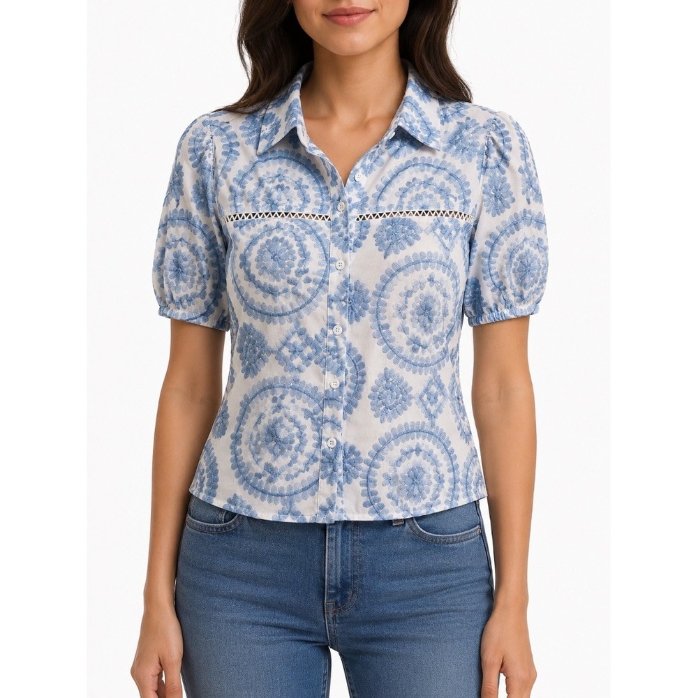 Cato Collection Limited Edition Womens Blouse Blue Medallion Print Puff Sleeve L